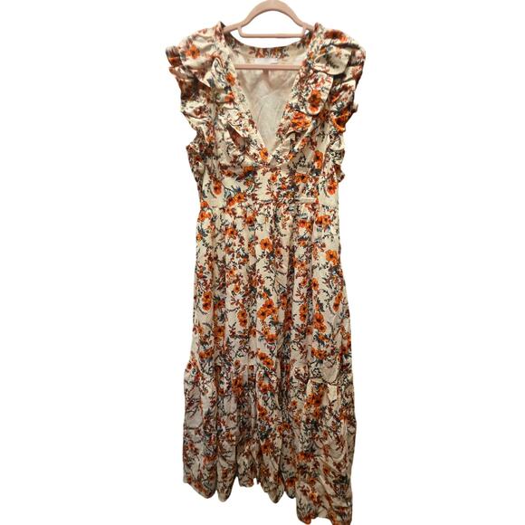 Chelsea 28 Floral Ruffle Sleeve Organic Cotton Midi dress Size XL - Picture 2 of 11